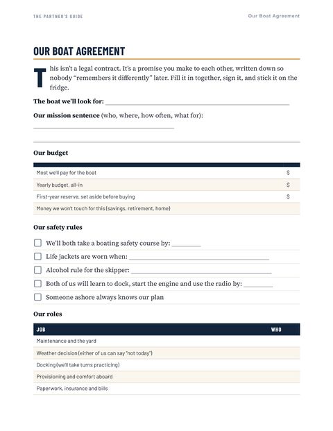 Partner's Guide page: the boat agreement